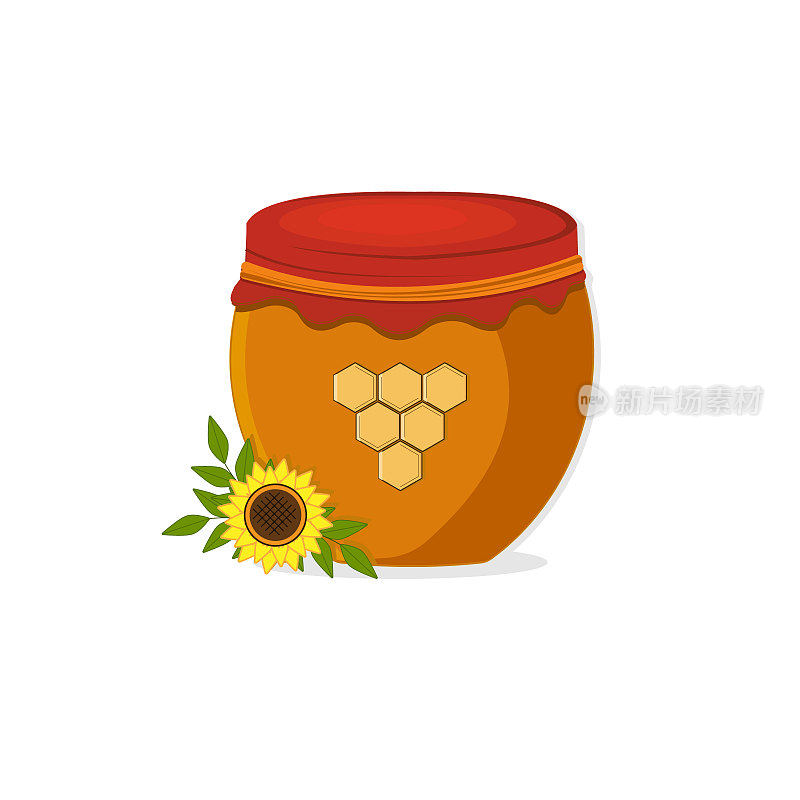 Jar with honey and sunflower isolated on a white background, color vector illustration, clipart, design, decoration, icon, sign, flat, sketch, banner, logo, scrapbooking